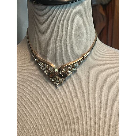 Vintage Crown Trifari Philippe GOLD & Rhinestone Marquis Stone Choker Necklace - Picture 13 of 15